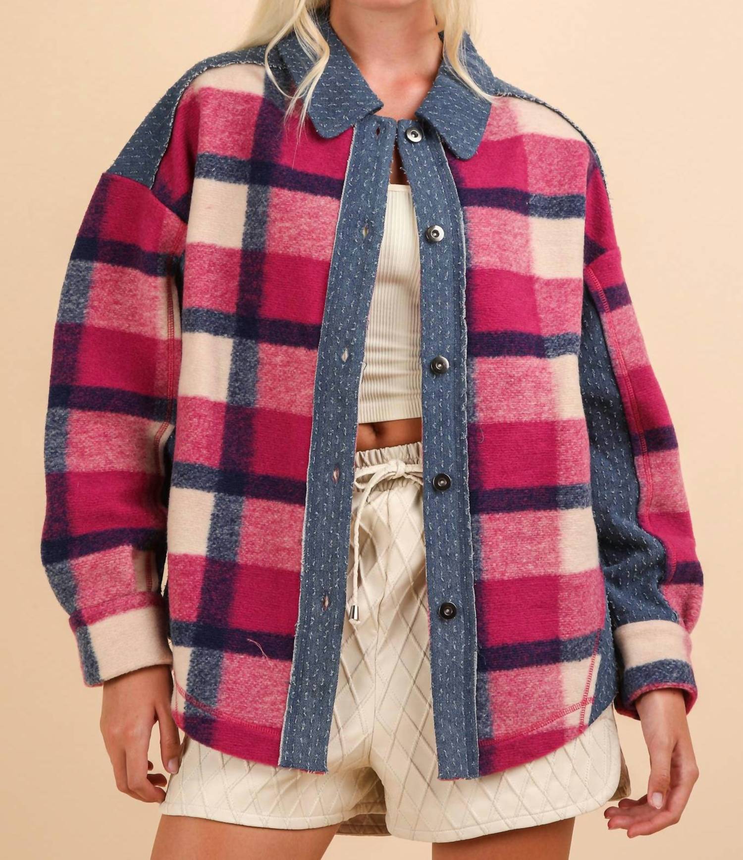 Very J - Textured Denim Contrast Plaid Shacket