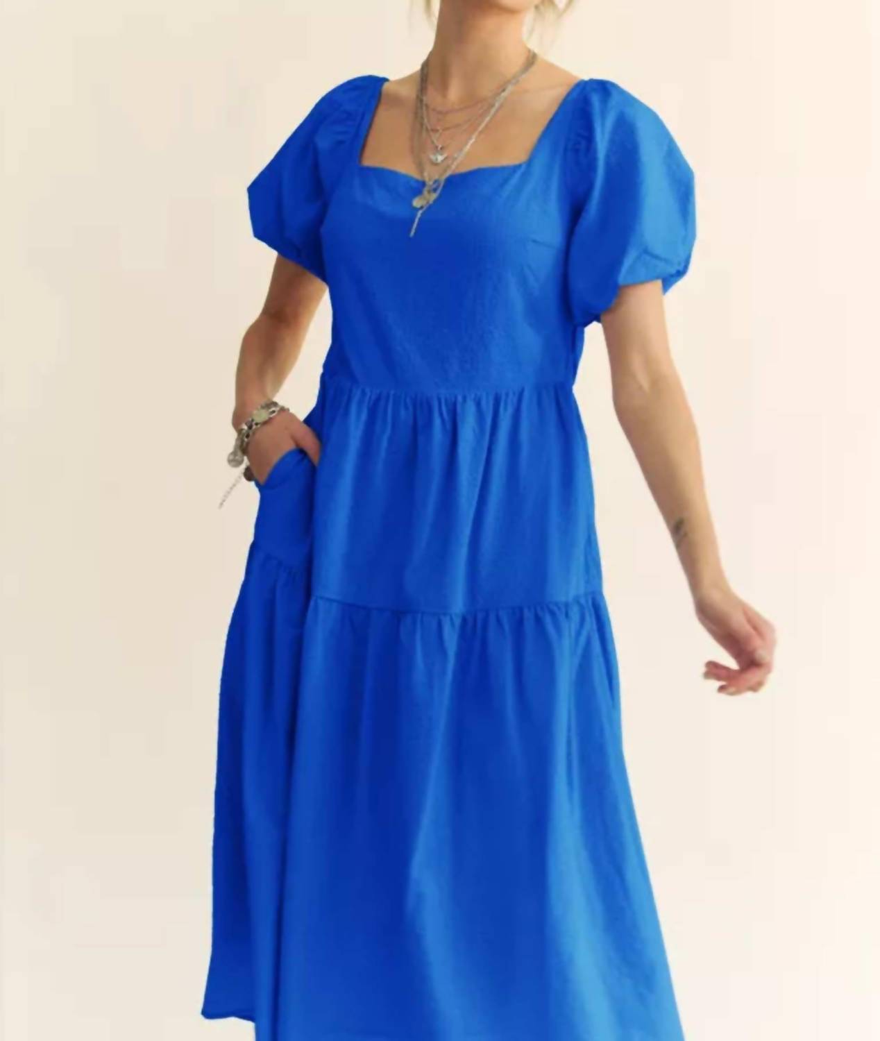 DAVI & DANI Textured Puff Sleeve Midi Dress in blue - women's dress - view 5