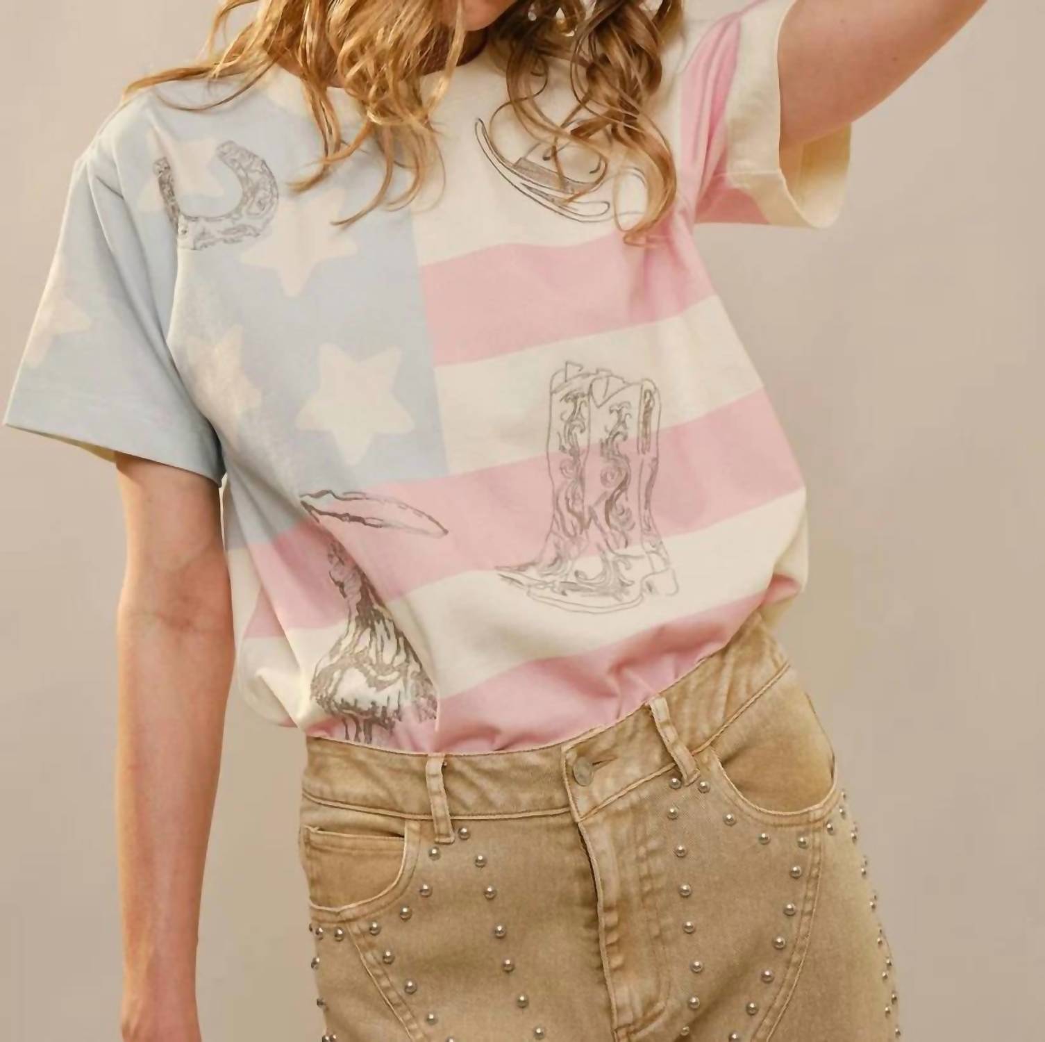 Blue B - Western Flag Embroidery Crewneck Top