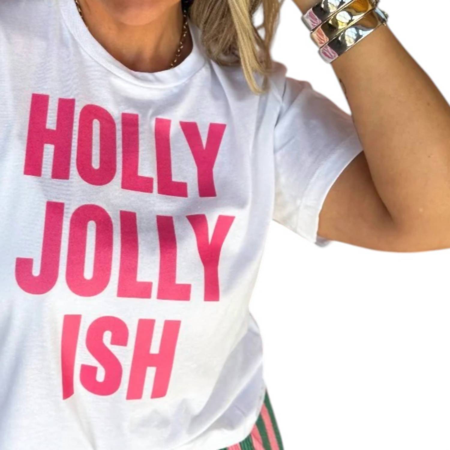 BLAKELEY Holly Jolly Ish Graphic Tee in white pink - women's t-shirt - detail view