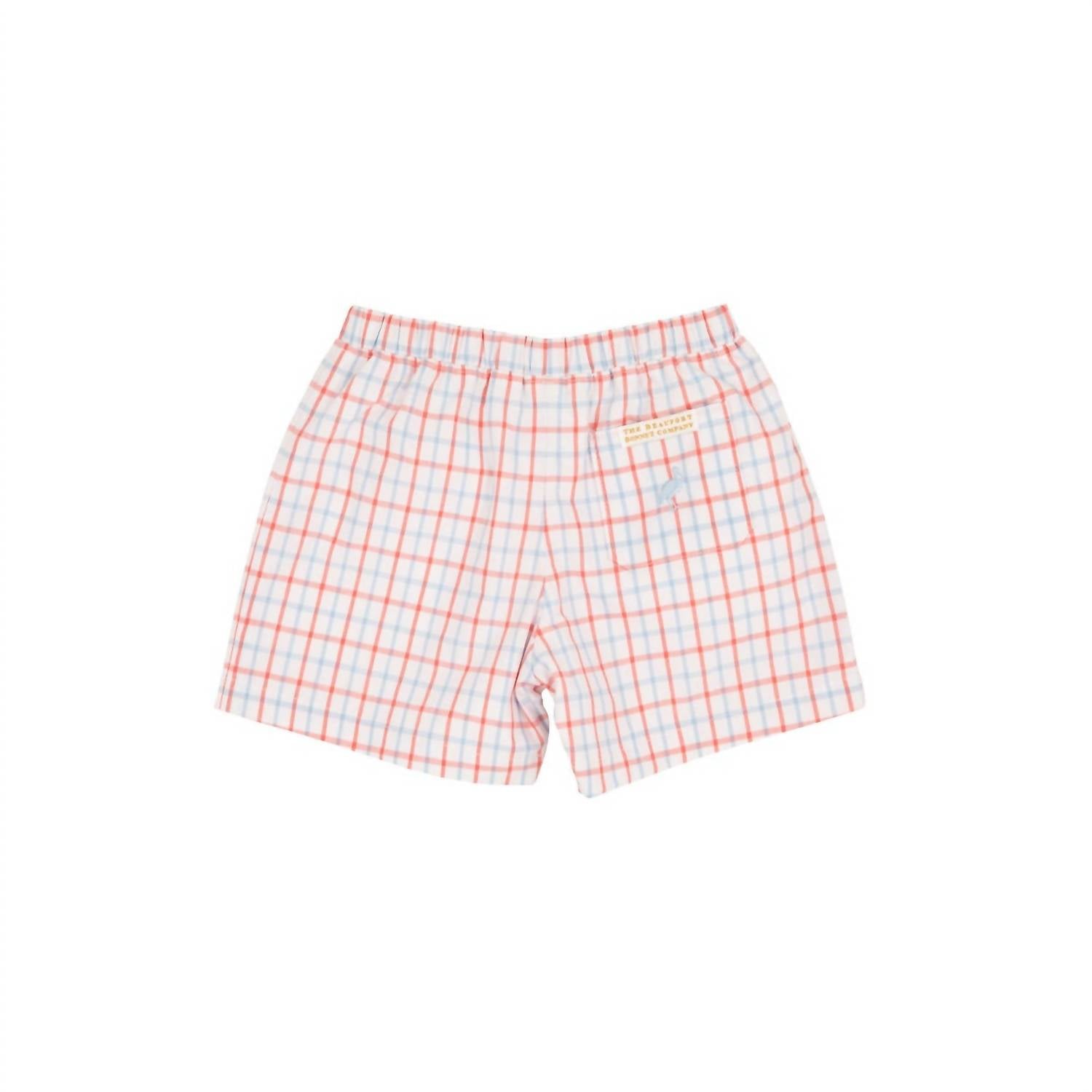 The Beaufort Bonnet Company Kid's Shelton Shorts in coral chandler check beale street blue - kids' shorts - alternate view