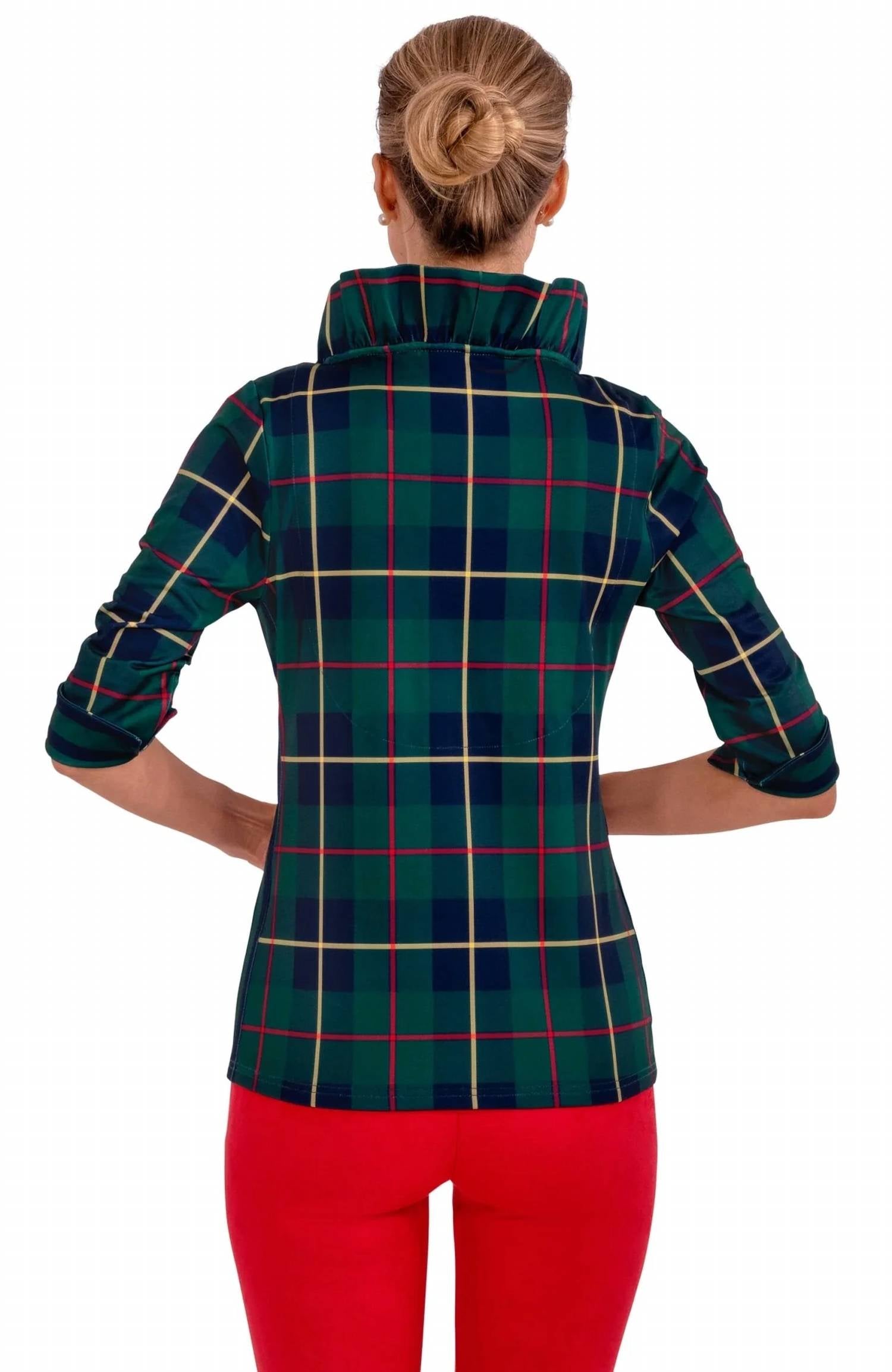 Gretchen Scott - Plaidly Cooper Ruffneck 3/4 Sleeve Top