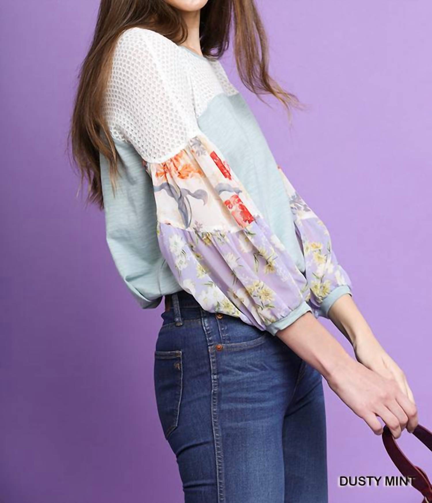 Umgee - Floral Mixed Print Puff Sleeve Knit Top