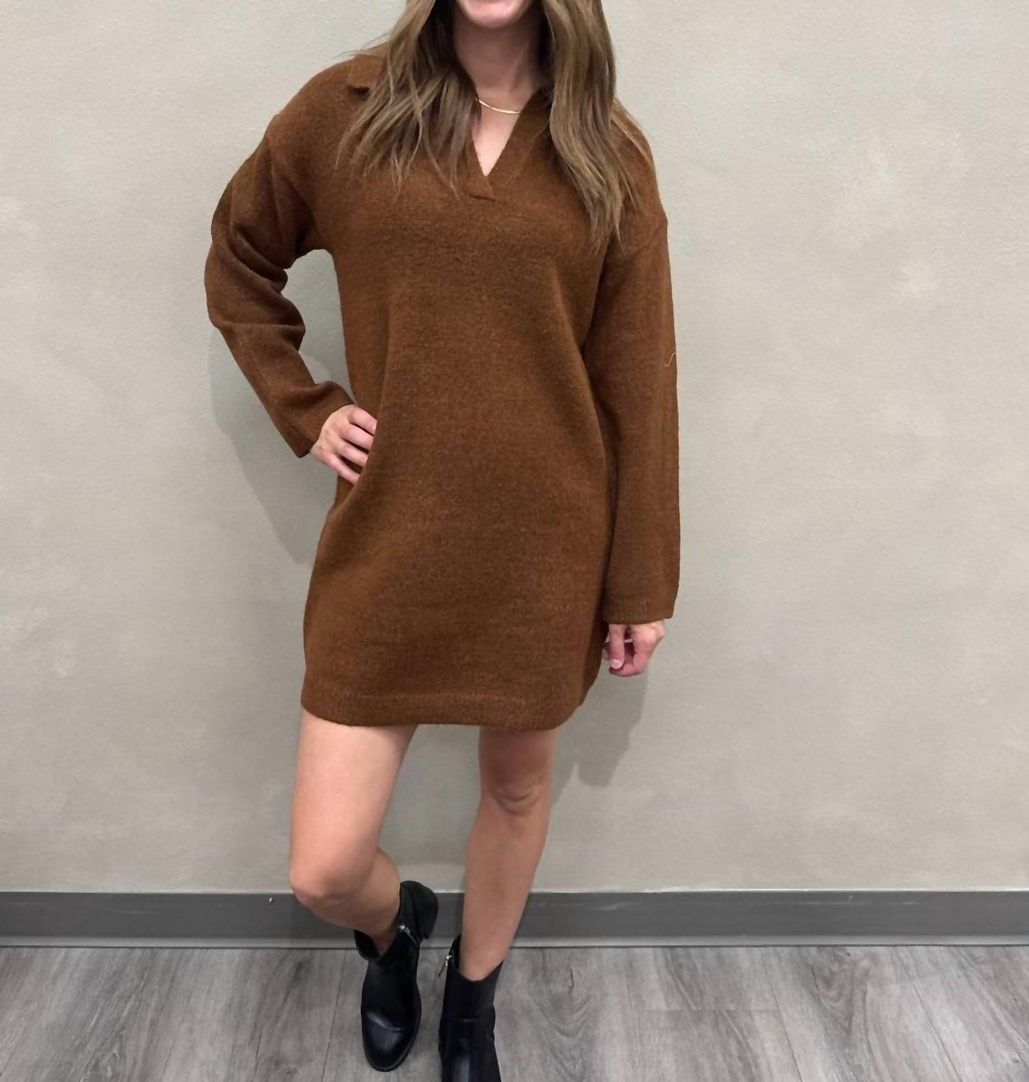 HYFVE Polo Long Sleeve Sweater Dress in chestnut - women's dress - alternate view