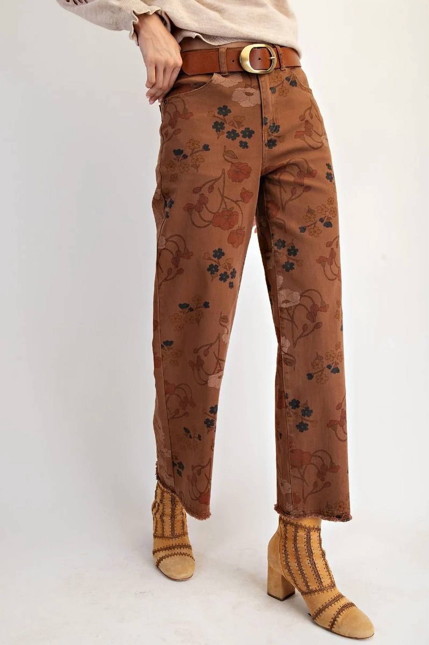 Easel - Women's Floral Printed Washed Stretch Twill Pants