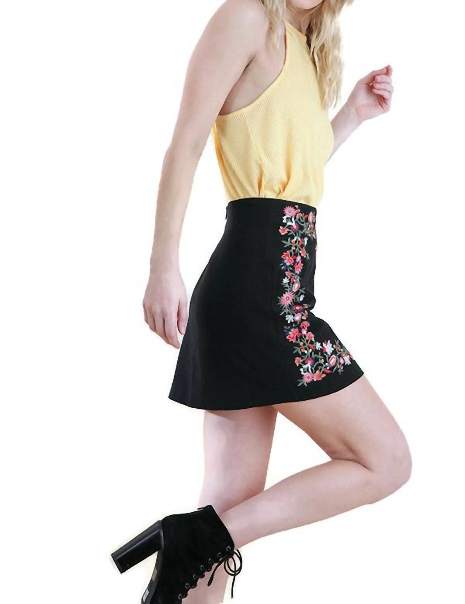 umgee Floral Embroidered High Waist Mini Skirt in black - women's skirt - view 5