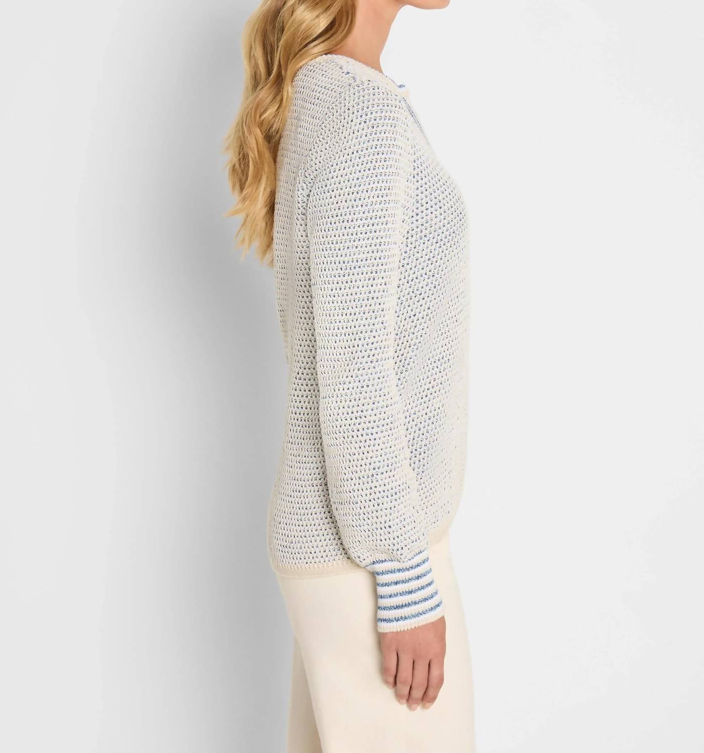 Nic + Zoe Tuck Texture Split Neck Sweater in blue - women's sweater - alternate view