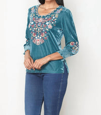 Paparazzi - Stretch Velvet Embroidered Pull-Over Blouse