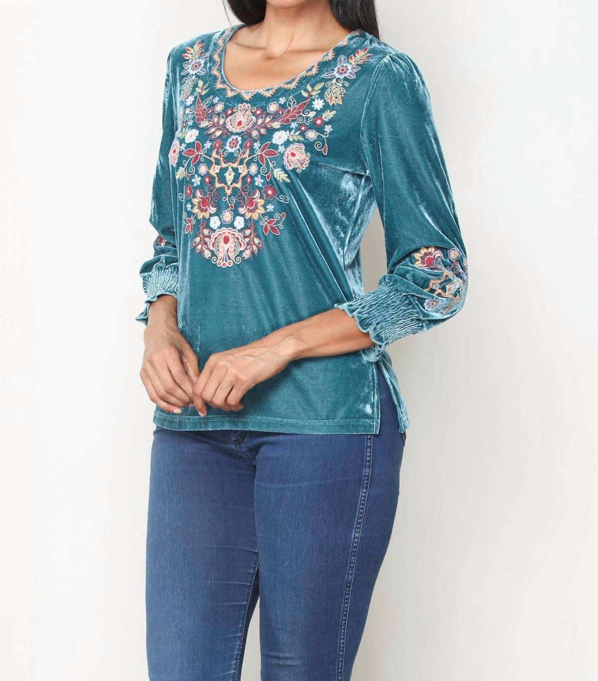 Paparazzi - Stretch Velvet Embroidered Pull-Over Blouse