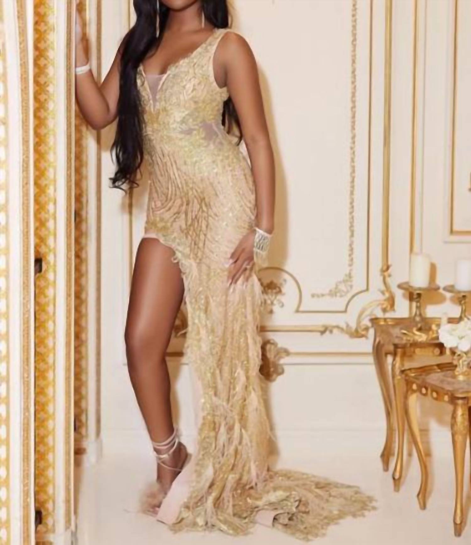 PORTIA&SCARLETT V Neckline Gown in gold - women's dress