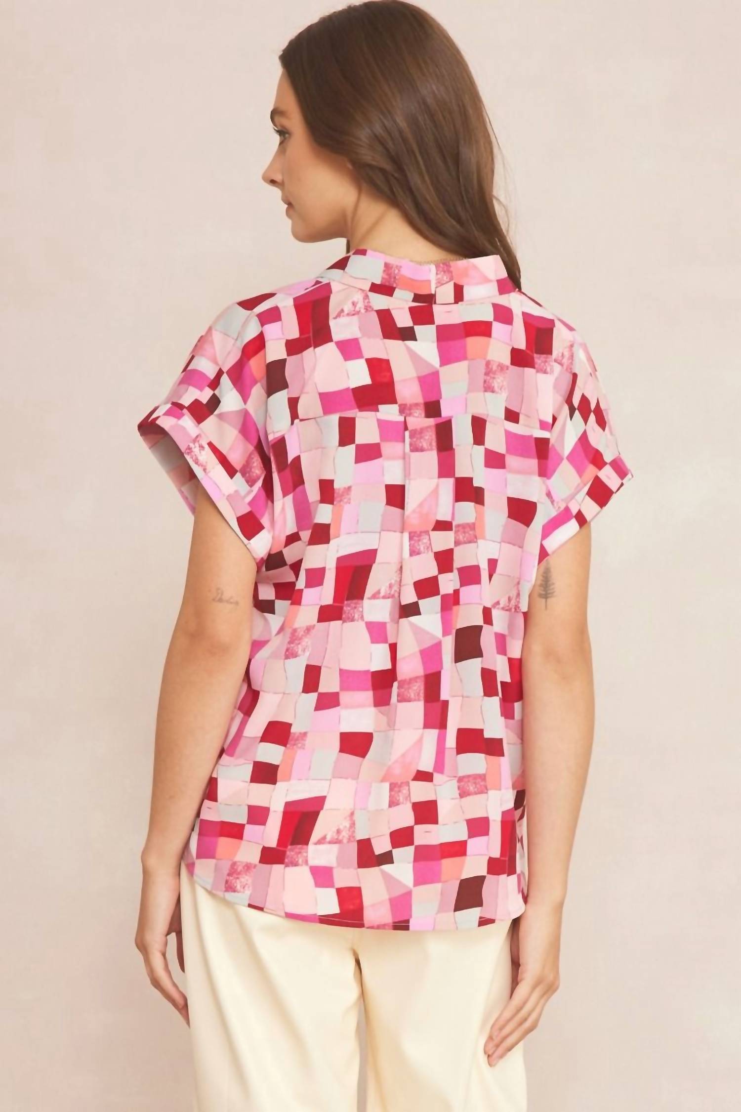 entro V-neck Short Sleeve Blouse in berry mix - women's blouse - alternate view