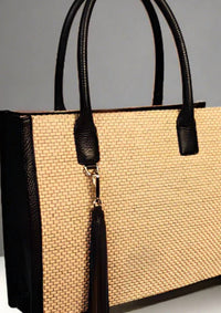 Berge - Women's Straw & Leather Small Tote Bag
