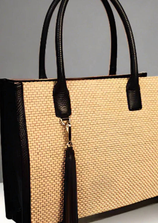 Berge - Women's Straw & Leather Small Tote Bag