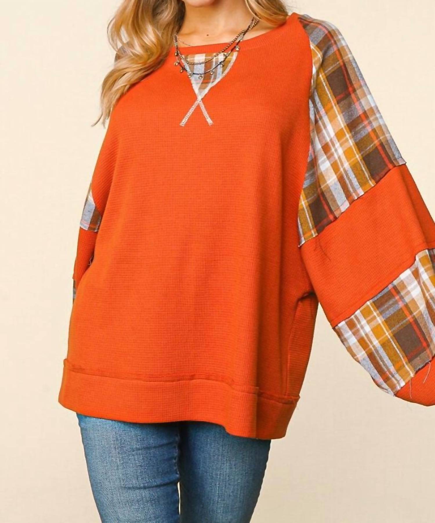 Haptics Women's Thermal Knit Color Block Bubble Sleeve Top in orange - women's top