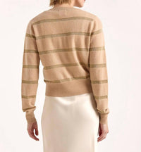 Brodie Cashmere Simone Lurex Stripe Crew Top in camel gold - women's long sleeve top - alternate view