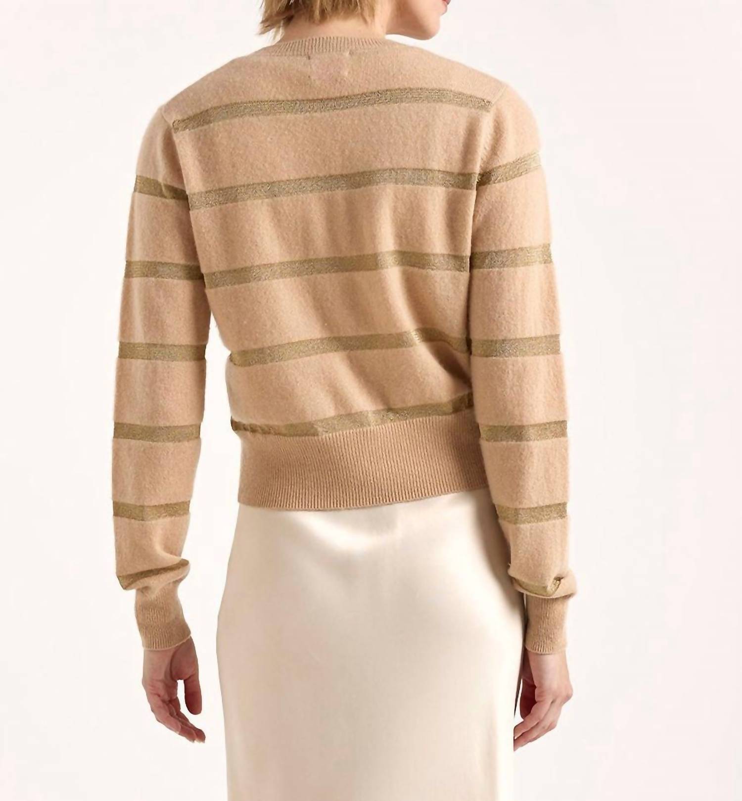Brodie Cashmere Simone Lurex Stripe Crew Top in camel gold - women's long sleeve top - alternate view