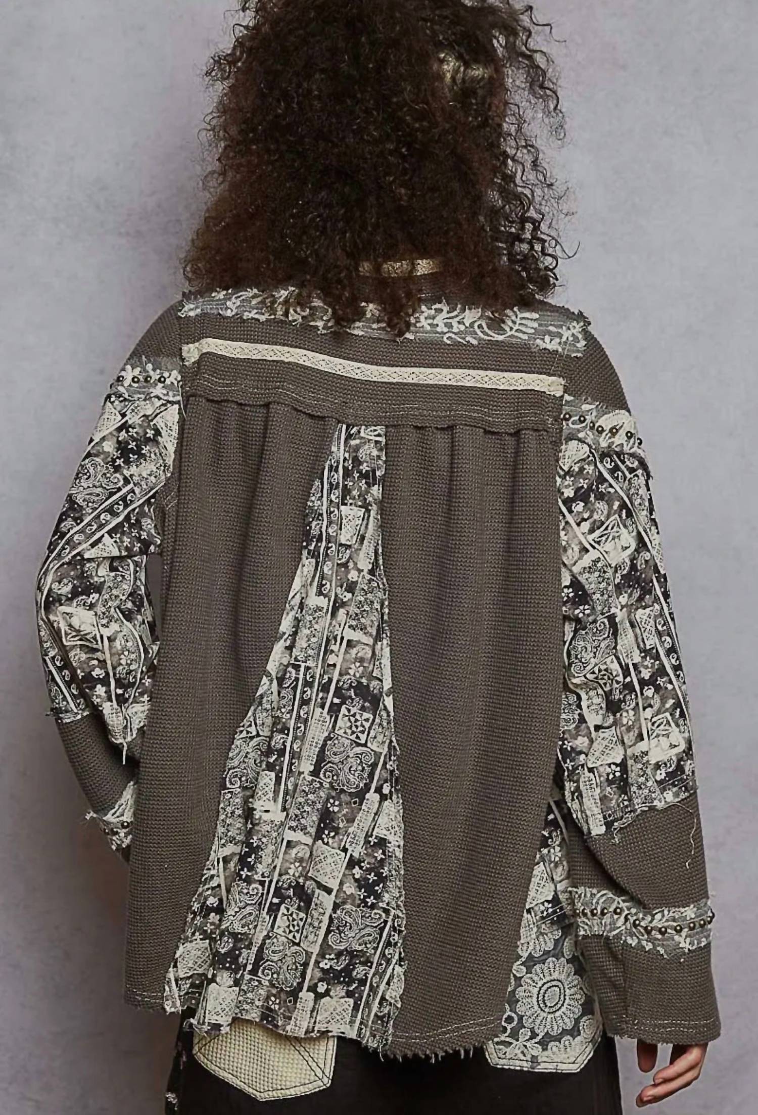 Pol - Printed Contrast Stud Button High Neck Top & Jogger Set