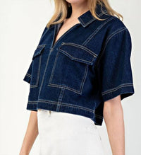 ee:some Stylish Intentions V Neck Cropped Short Sleeve Top in denim - women's shirt - detail view