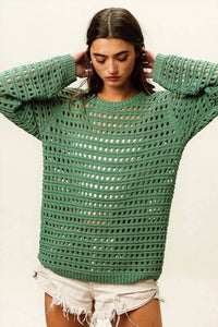 Bibi - Crew Neck Open Knit Sweater Top