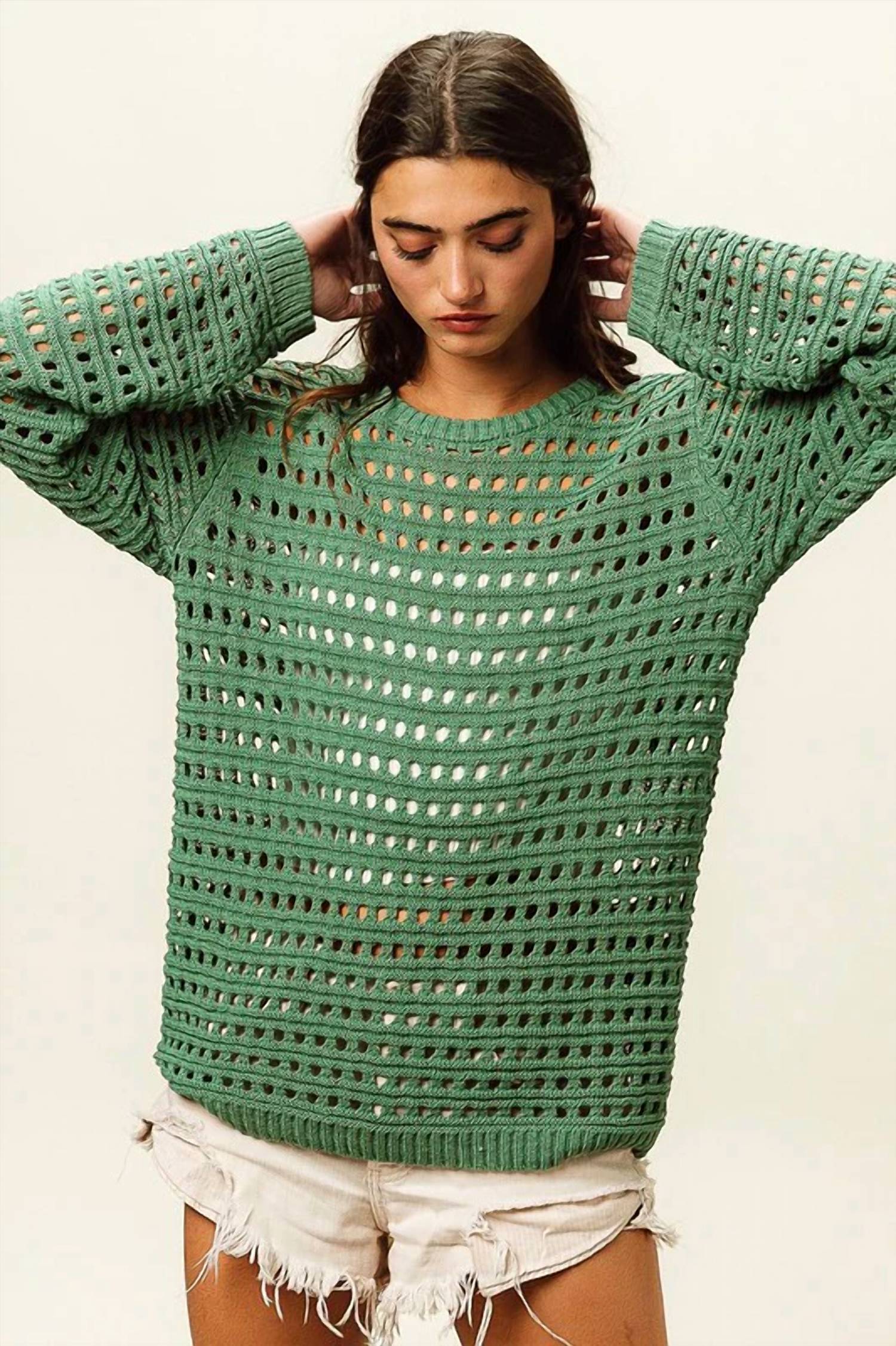 Bibi - Crew Neck Open Knit Sweater Top