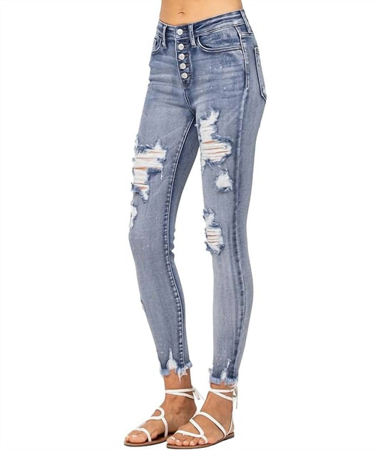 Judy Blue - High-Waist Button Fly Bleach Splash Destroyed Skinny Jean