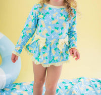 Rufflebutts - Long Sleeve One Piece Bow Peplum Rash Guard Swimsuit