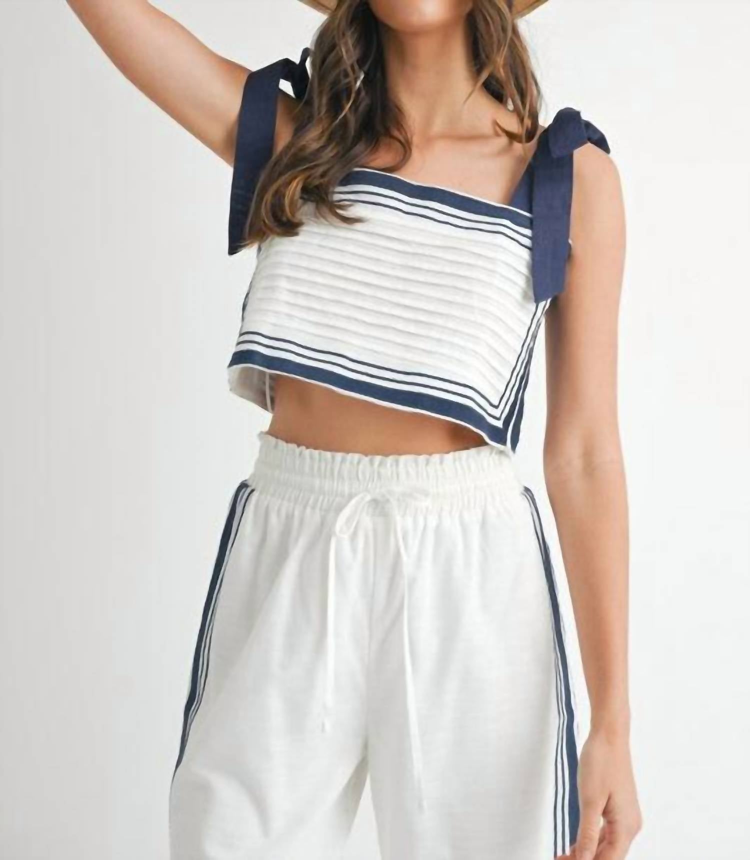MABLE Chevron Linen Crop Top in white - women's shirt