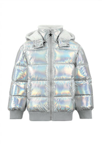 Lola + The Boys Kid's Hologram Rainbow Puffer in silver rainbow - kids' jacket - detail view