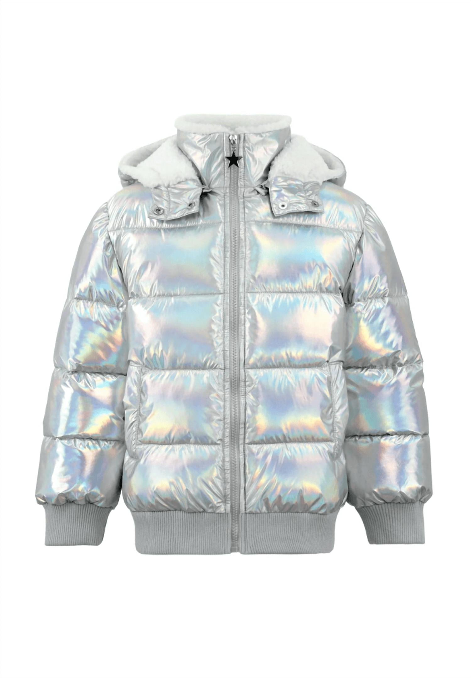 Lola + The Boys Kid's Hologram Rainbow Puffer in silver rainbow - kids' jacket - detail view