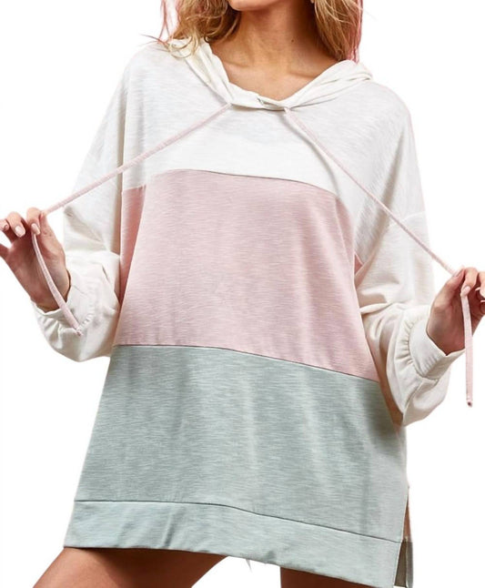 Bibi - Drawstring Color Block Hooded Long Sleeve Top