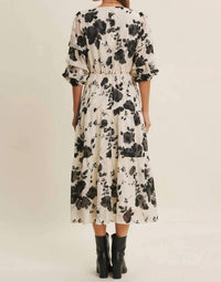 In February - Dreamy Jacquard Floral Midi Dress With Statement Sleave