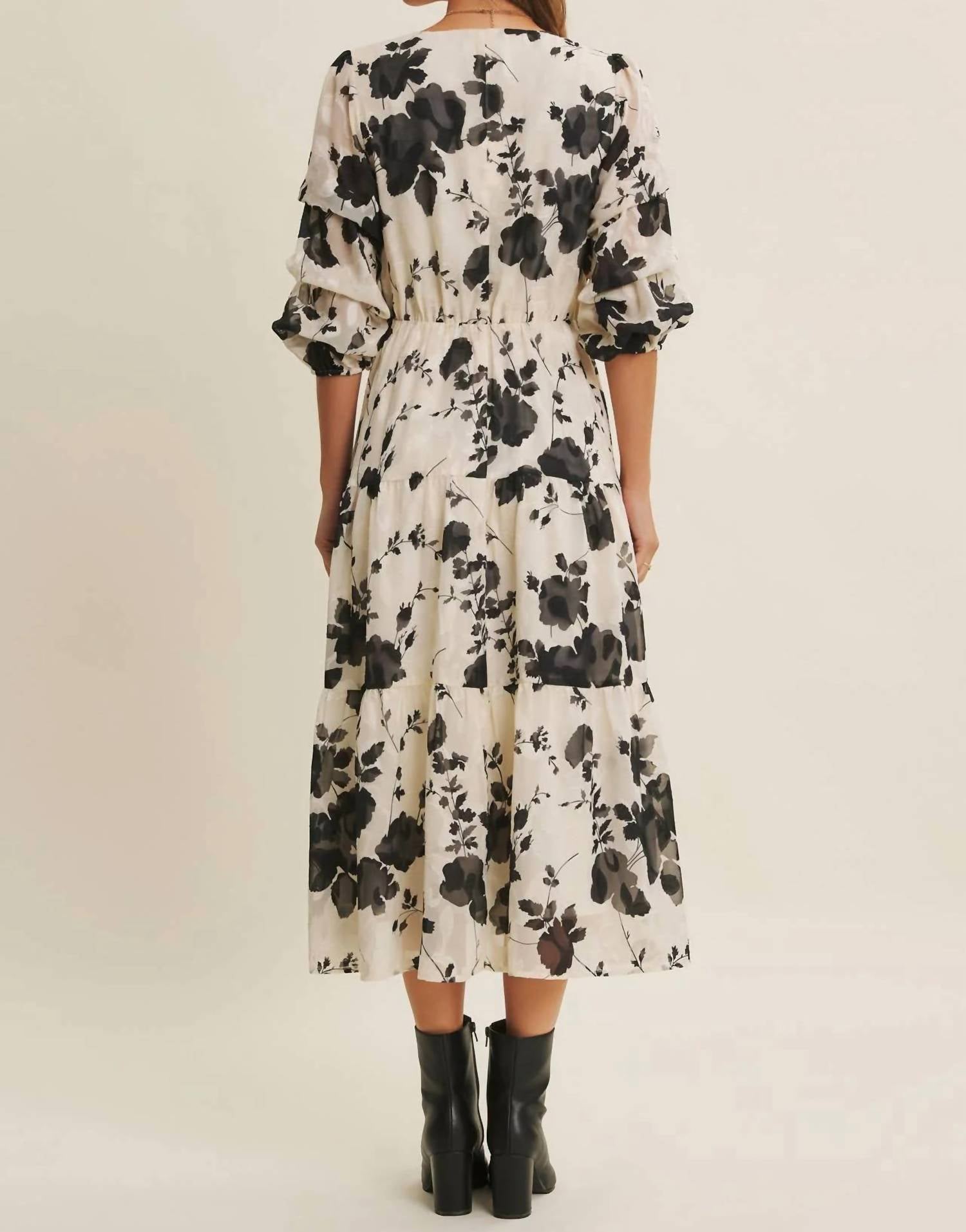 In February - Dreamy Jacquard Floral Midi Dress With Statement Sleave