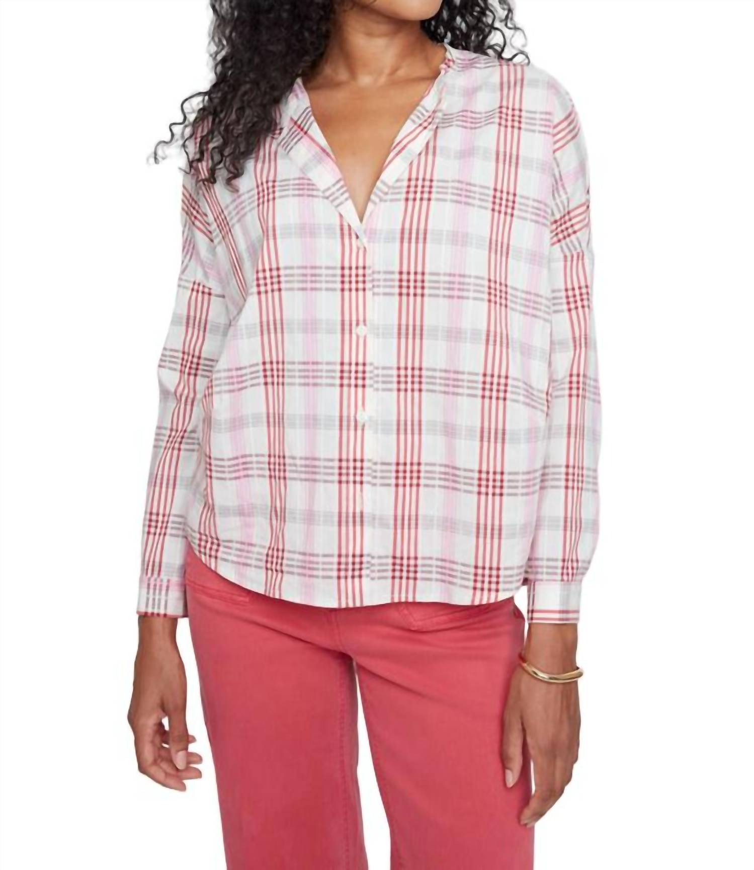 Renuar Woven Plaid Button Down Blouse in scarlet combo - women's blouse