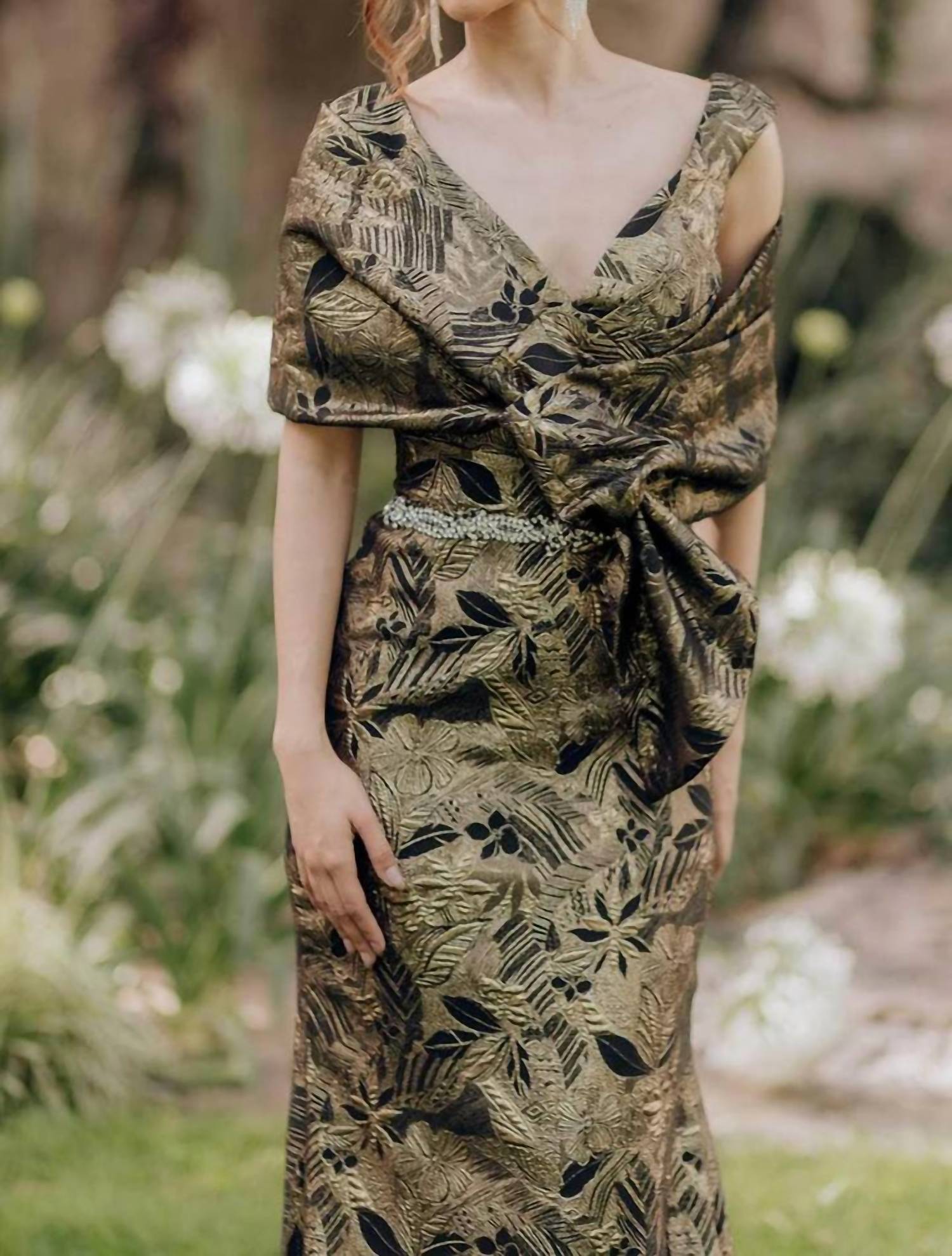 Terani Couture - Long Brocade V Neck Mermaid Dress