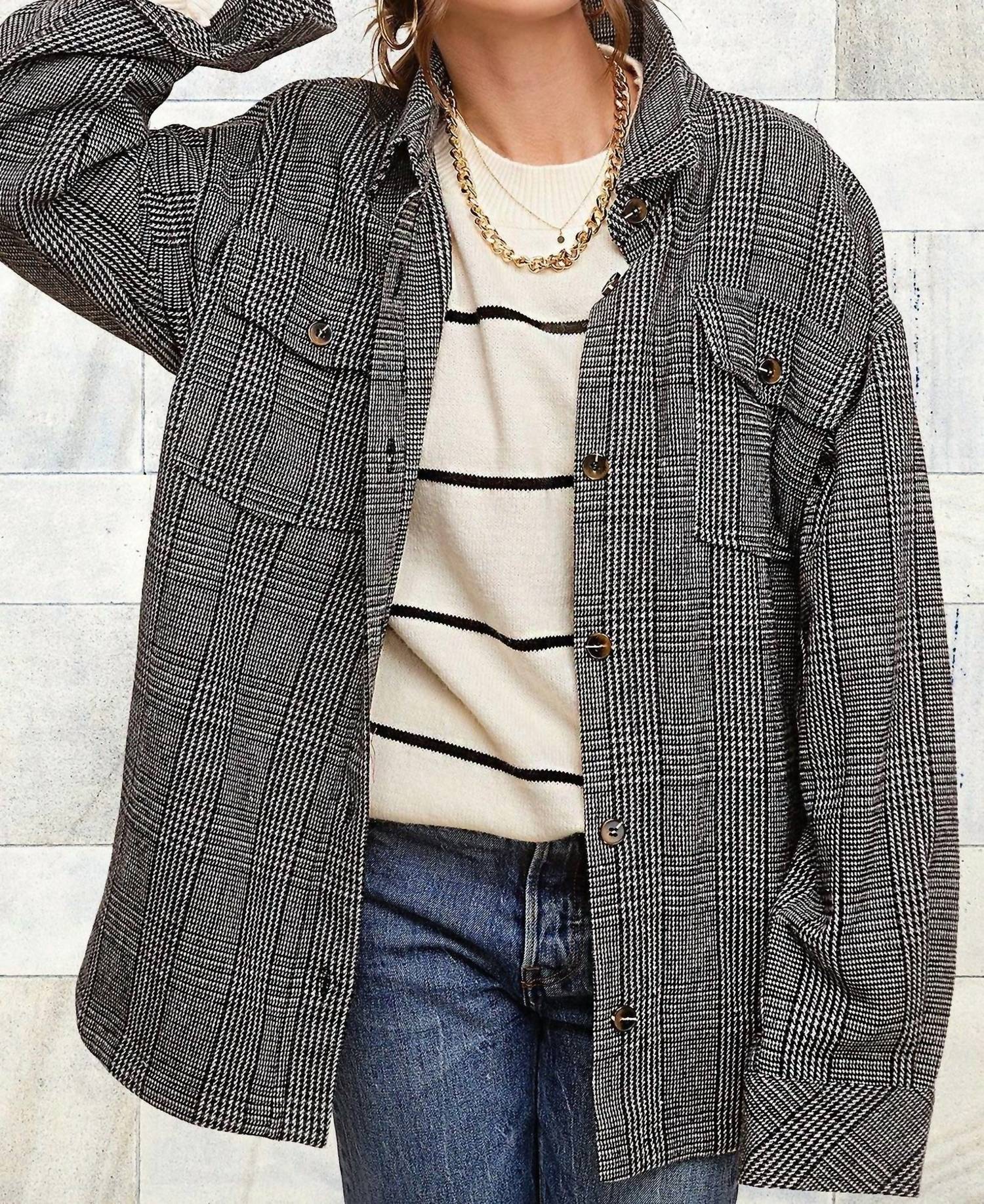 La Miel - Classic Button Down Plaid Jacket with Side Pockets