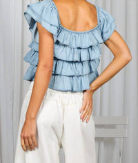 Vine & Love - Tiered Flutter Sleeve Chambray Top