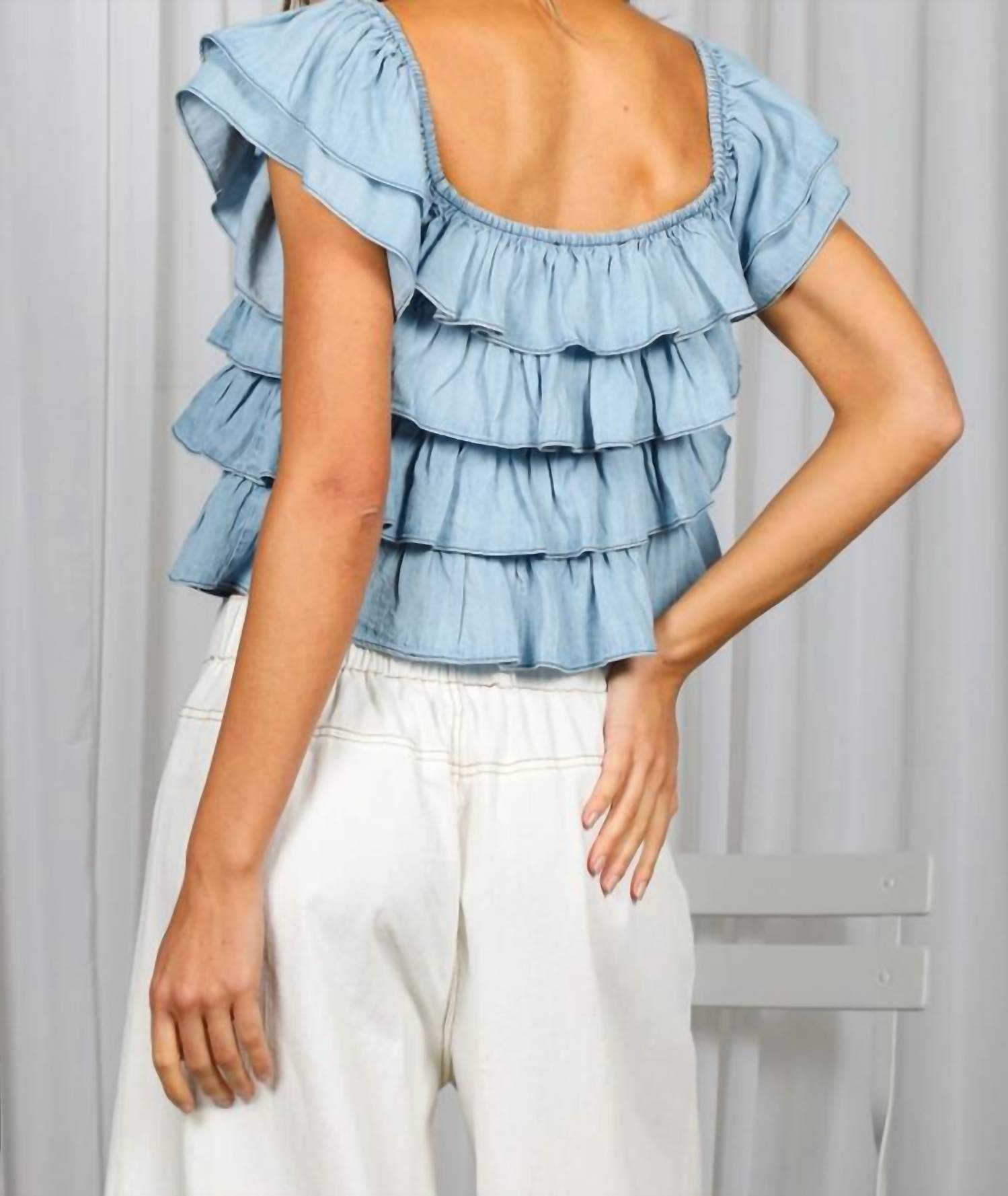 Vine & Love - Tiered Flutter Sleeve Chambray Top