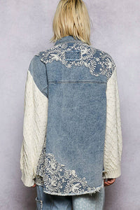 Pol - Long Sleeve Contrast Twill Lace Patch Button Up Top