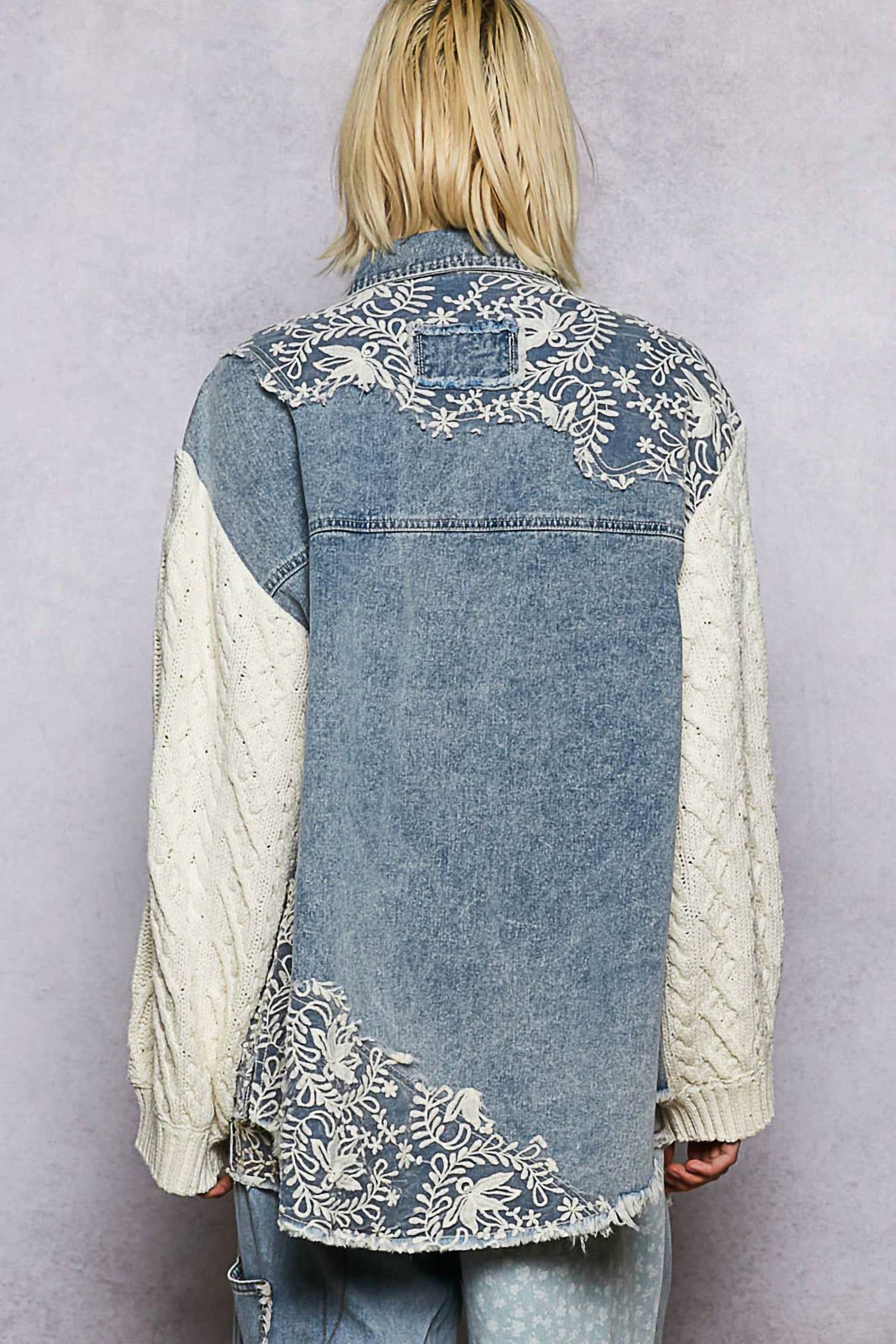 Pol - Long Sleeve Contrast Twill Lace Patch Button Up Top
