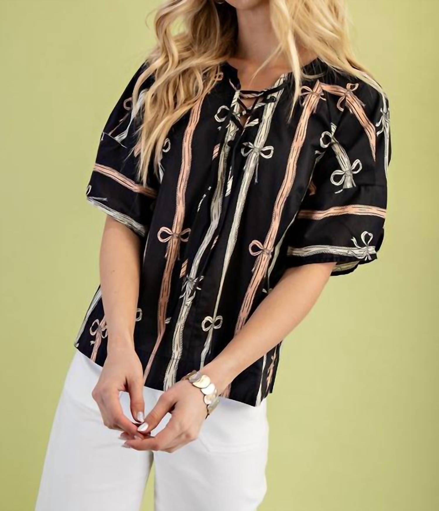 Gigio - Bow Print Front Tie Top