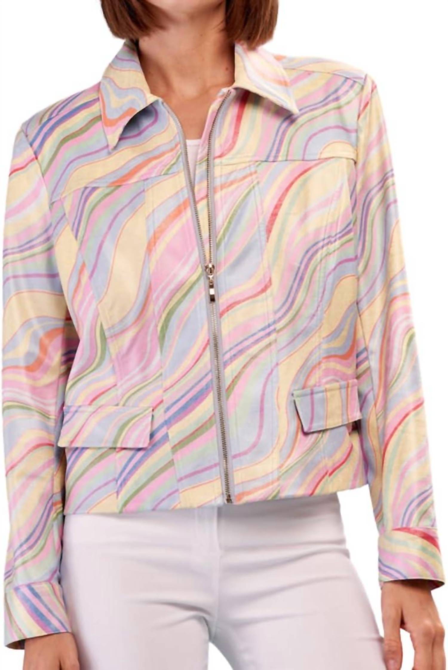 Insight Lakelyn Liquid Pastel Mix Metallic Vegan Leather Zip Up Jacket in multi - women's jacket - detail view