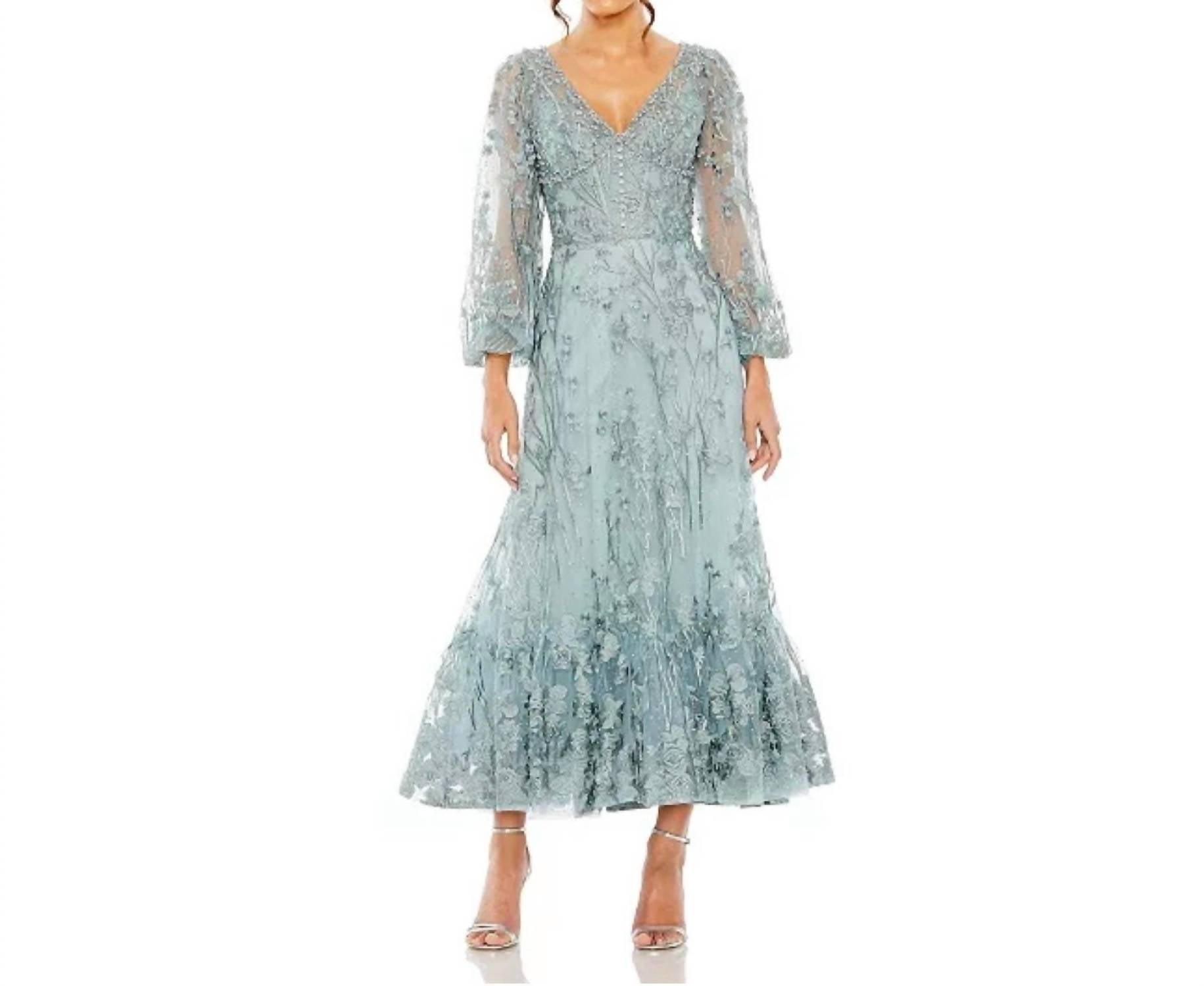 Mac Duggal - V-neck Embroidered A-line Tea Length Dress