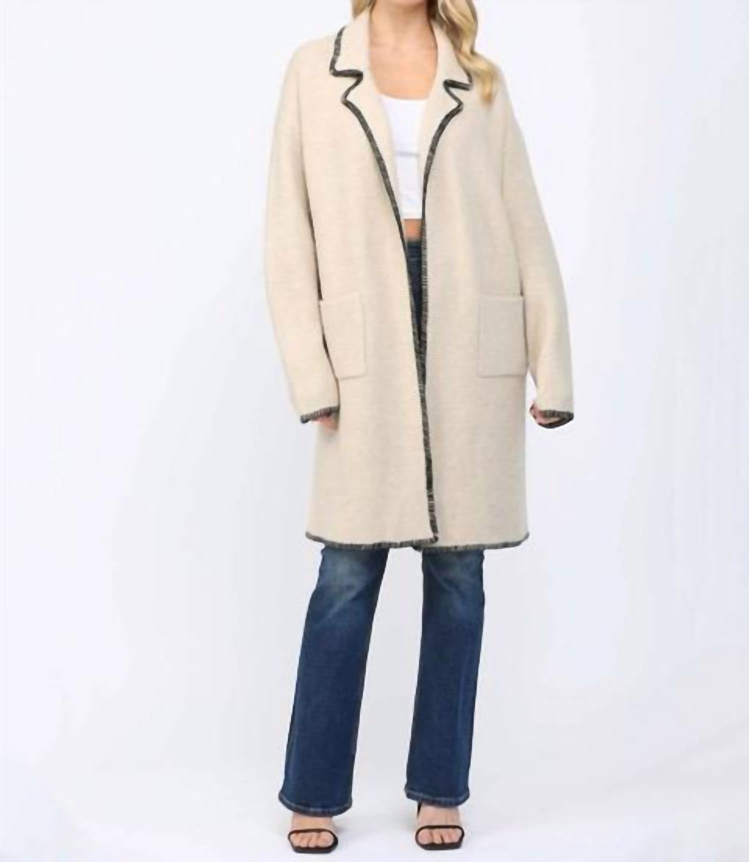 Fate - Contrast Whipstitch Notched Collar Open Cardigan