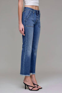 Hidden - Frayed Hem Cargo Crop Flare Jean