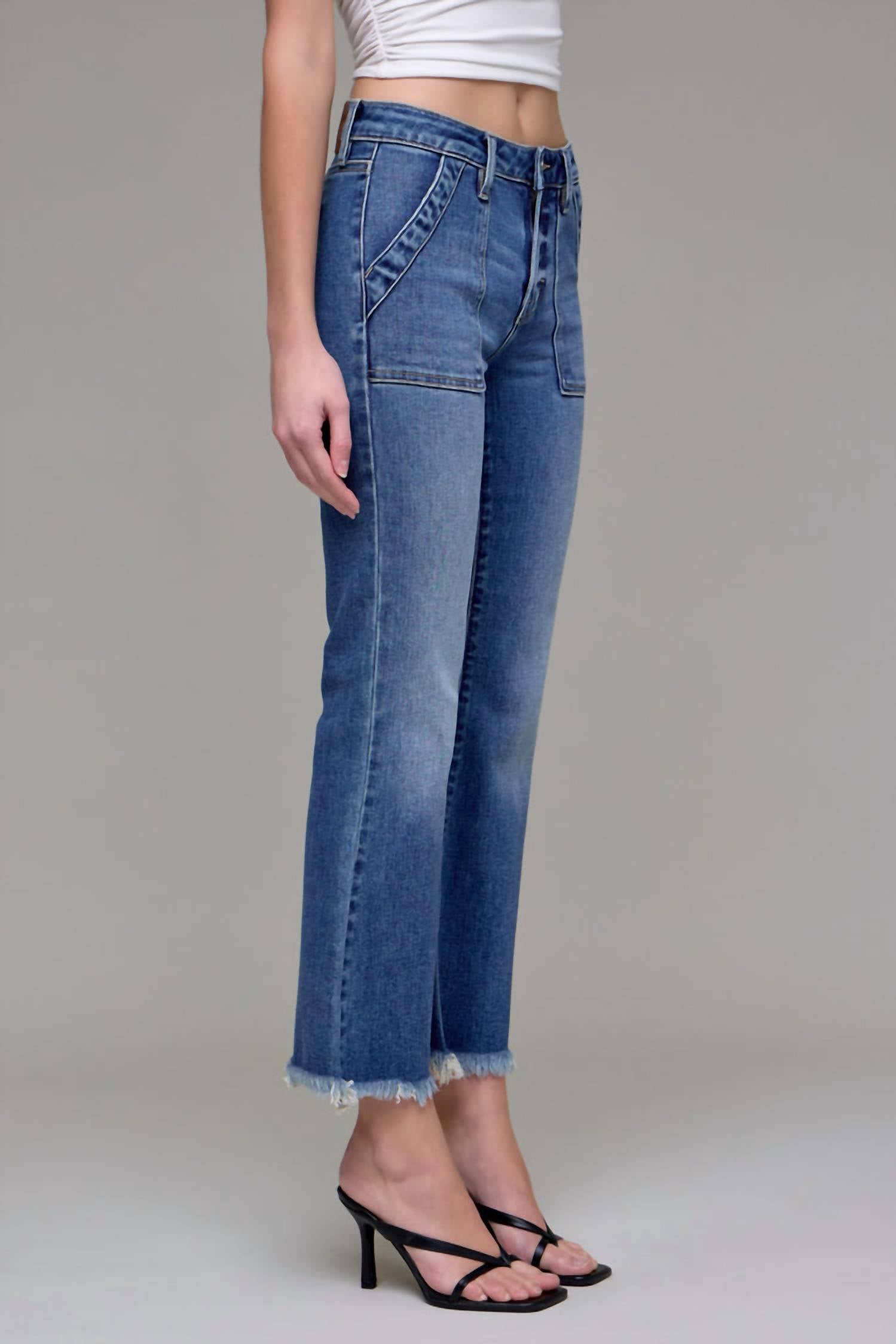 Hidden - Frayed Hem Cargo Crop Flare Jean