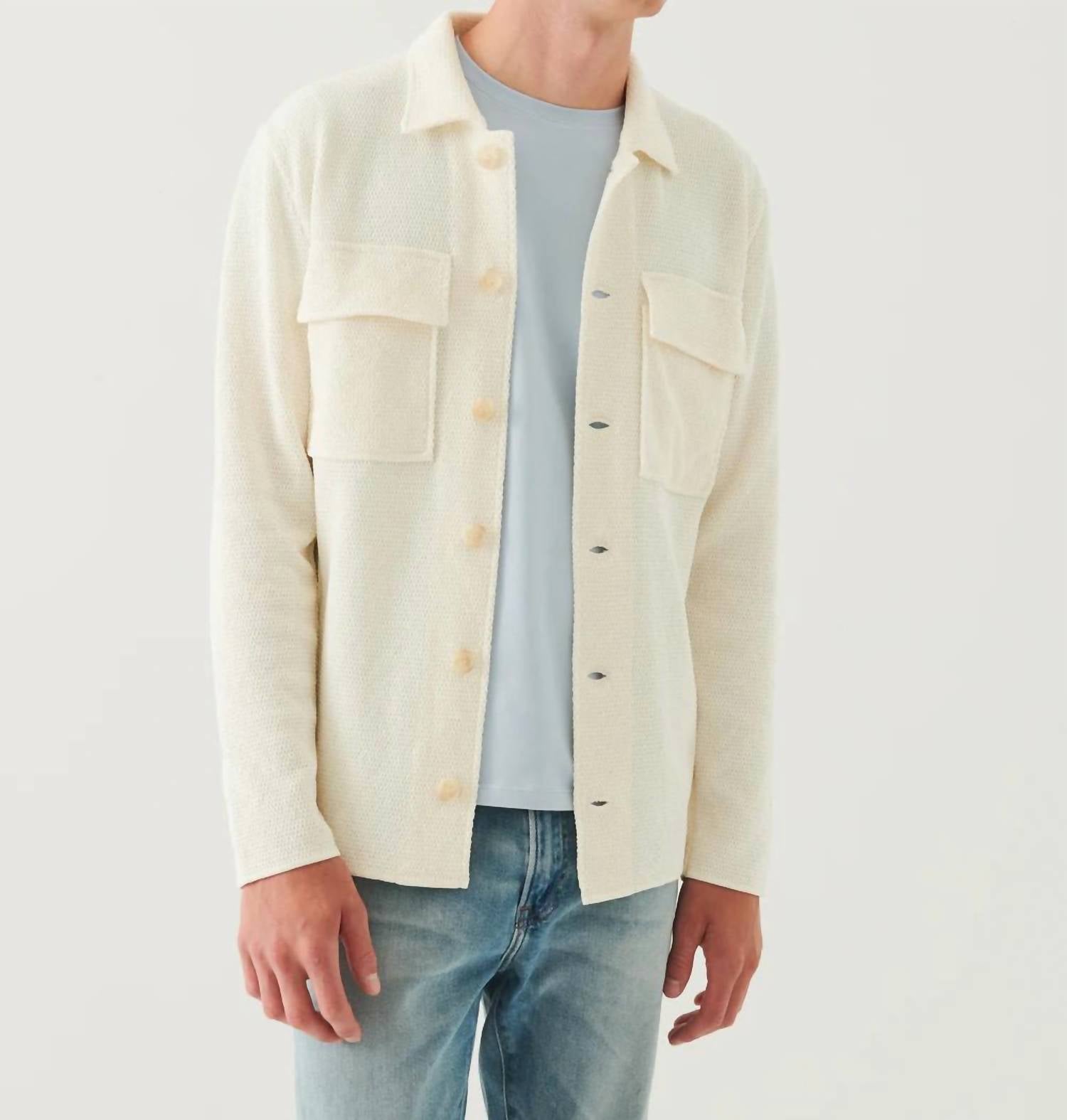 Patrick Assaraf Button Front Patch Pocket Knit Jacket in off white - men's jacket - detail view