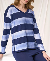 Angel Apparel Stripe V-neck Sweater in denim - women's sweater - detail view