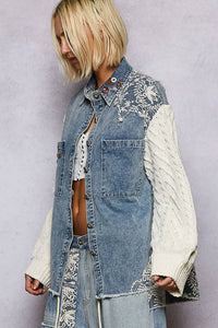 Pol - Long Sleeve Contrast Twill Lace Patch Button Up Top