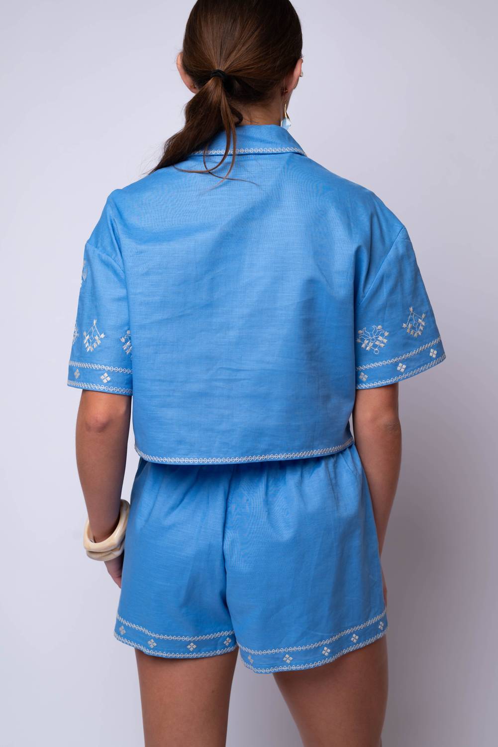 Mable - Embroidered Short Sleeve Button Down Crop Shirt And Short Set