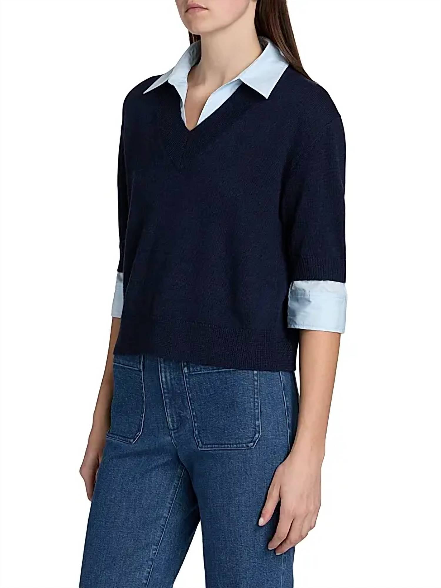 TANYA TAYLOR Esme Sweater Combo Top in maritime blue melange oxford - women's sweater - view 4